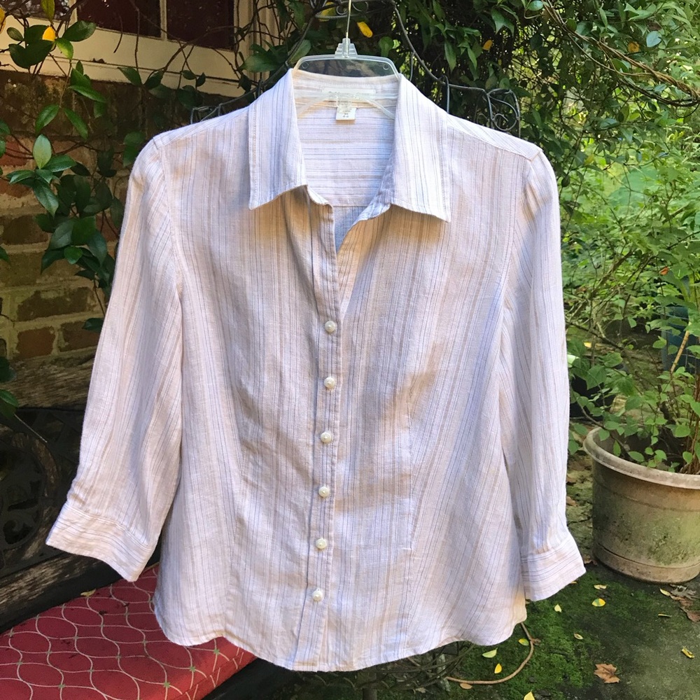 Coldwater Creek- BEIGE STRIPE LINEN BUTTON UP SHIRT BLOUSE TOP- Size XS- EUC